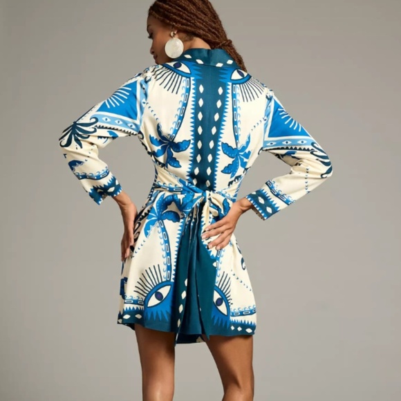 FARM RIO Long-Sleeve Blue & Cream Blazer Dress - Picture 3 of 13